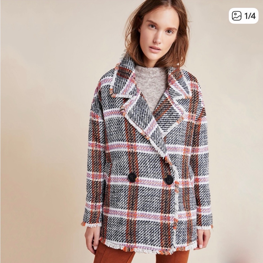 Eva Franco Black, White And Pink Plaid Pea Coat
